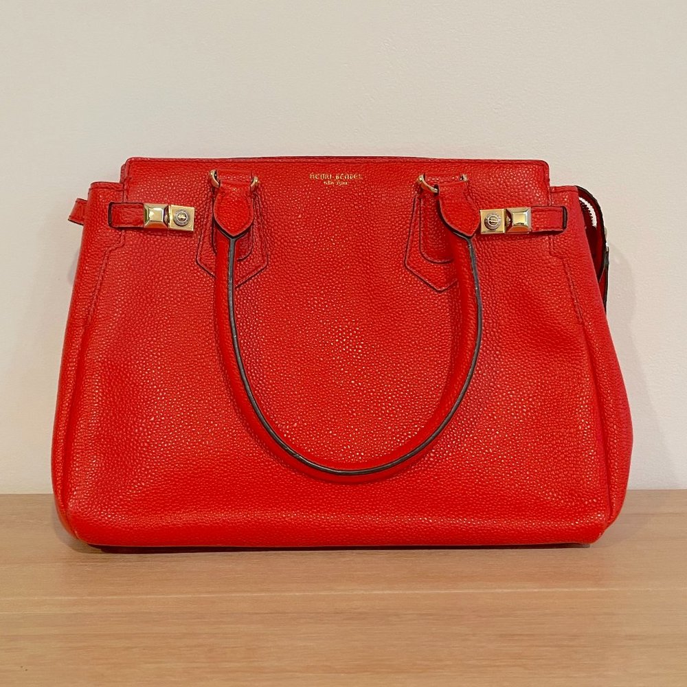 Henri Bendel Red Orange Pebbled Leather Tote with Removable Shoulder Strap